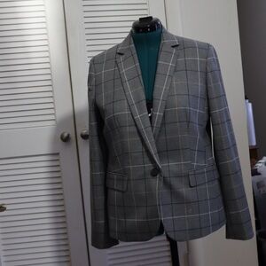 Ann Taylor One Button Blazer Jacket Womens 12 Light Gray Plaid